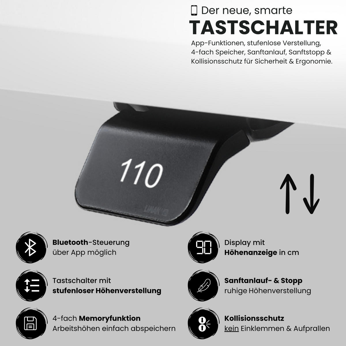 SCHREIBTISCH elektrisch Bluetooth & App XDLR 180/80/72 cm in Weiß/Weiß - Weiß, Holzwerkstoff (180/80/72cm) - bümö