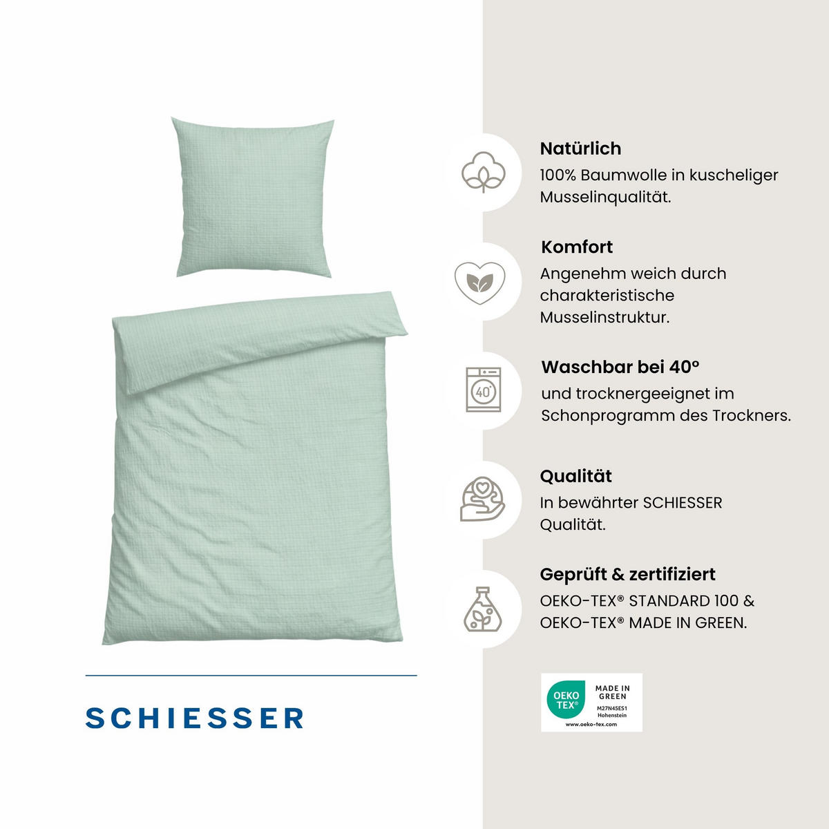 BETTWÄSCHESET Molly - Musselin - 2-teilig - 135x200 cm - Hellgrün - Hellgrün, Textil (135/200cm) - SCHIESSER
