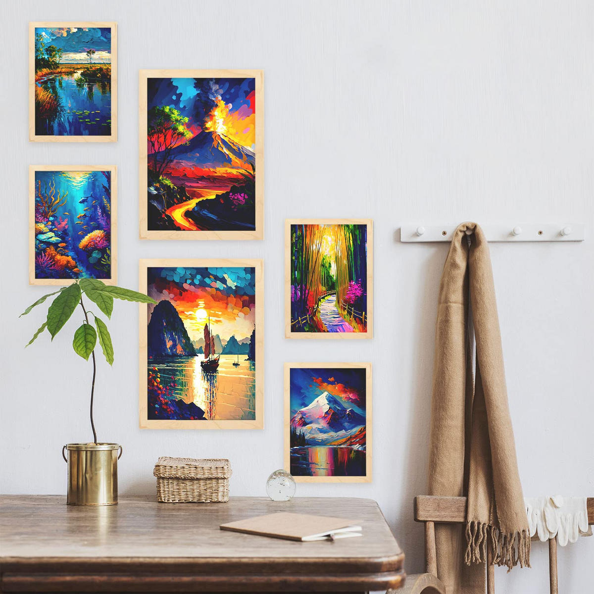 POSTER Set Mit 6 Wasser & Feuer Im Ölgemälde A3 & A4 Rahmen Aus Hellem Holz - Beige, Papier (29/3cm) - Nacnic