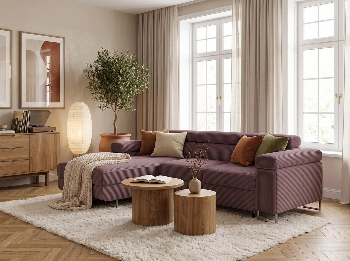 ECKSOFA VEMO MINI Links Rosa Cord-Stoff Kompakter Komfort für Wohnräume - Pink, Textil (235/175cm) - Barchello