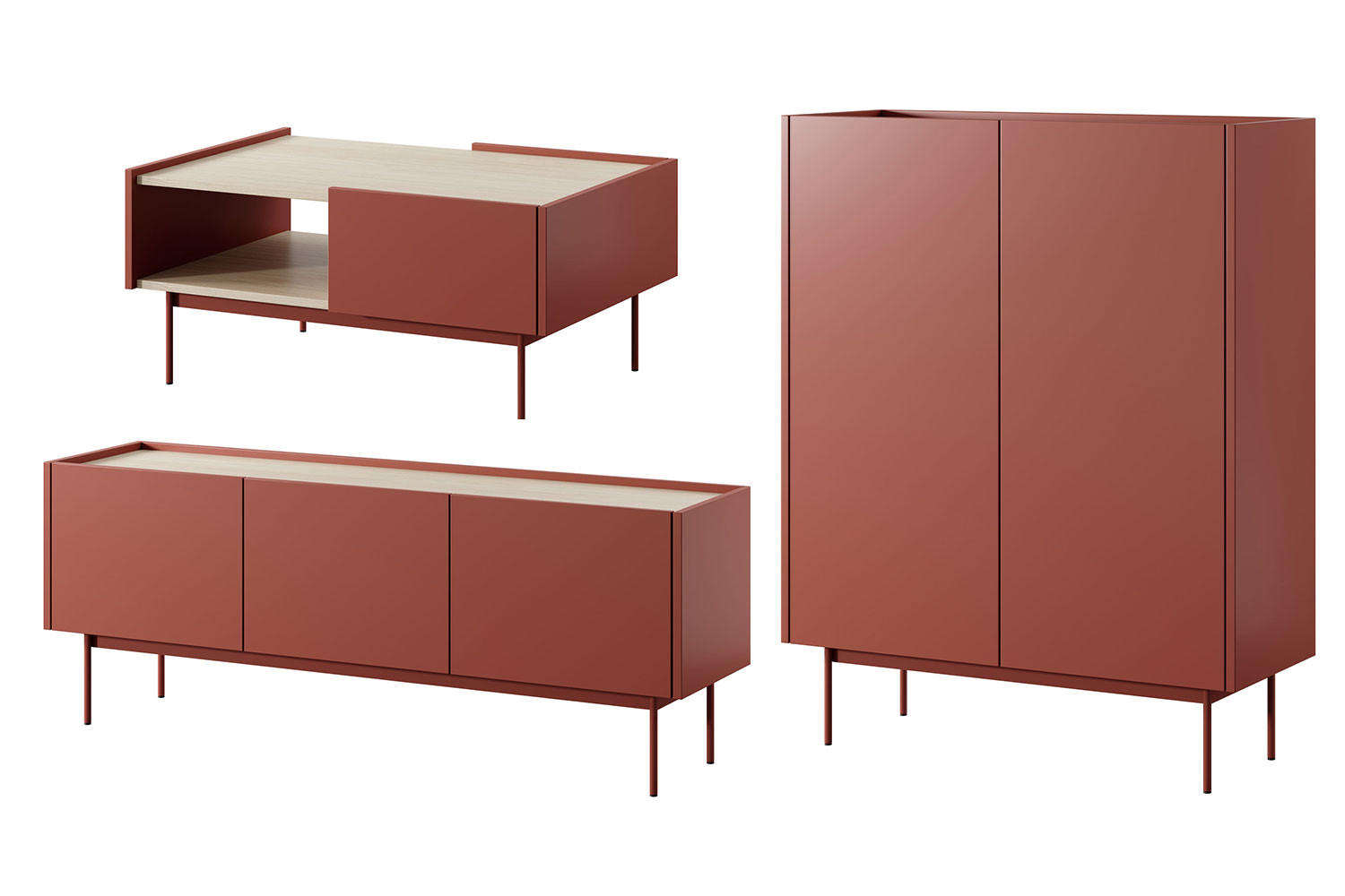 WOHNZIMMER-SET Color Keramikrot / Eiche Linea 3-teilig - Hellbraun/Rot, Holz/Holzwerkstoff (338/122/45cm) - Feldmann-Wohnen
