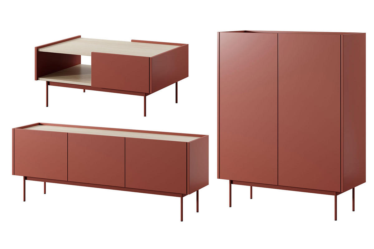 WOHNZIMMER-SET Color Keramikrot / Eiche Linea 3-teilig - Hellbraun/Rot, Holz/Holzwerkstoff (338/122/45cm) - Feldmann-Wohnen