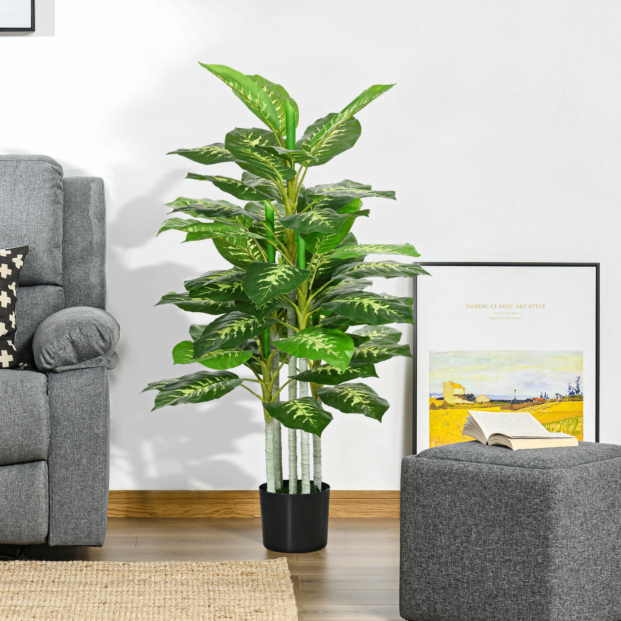 KÜNSTLICHE Dieffenbachie groß 120 cm Kunstpflanze wie echt mit Kunstgras Deko - Grün, Kunststoff (120cm) - HOMCOM