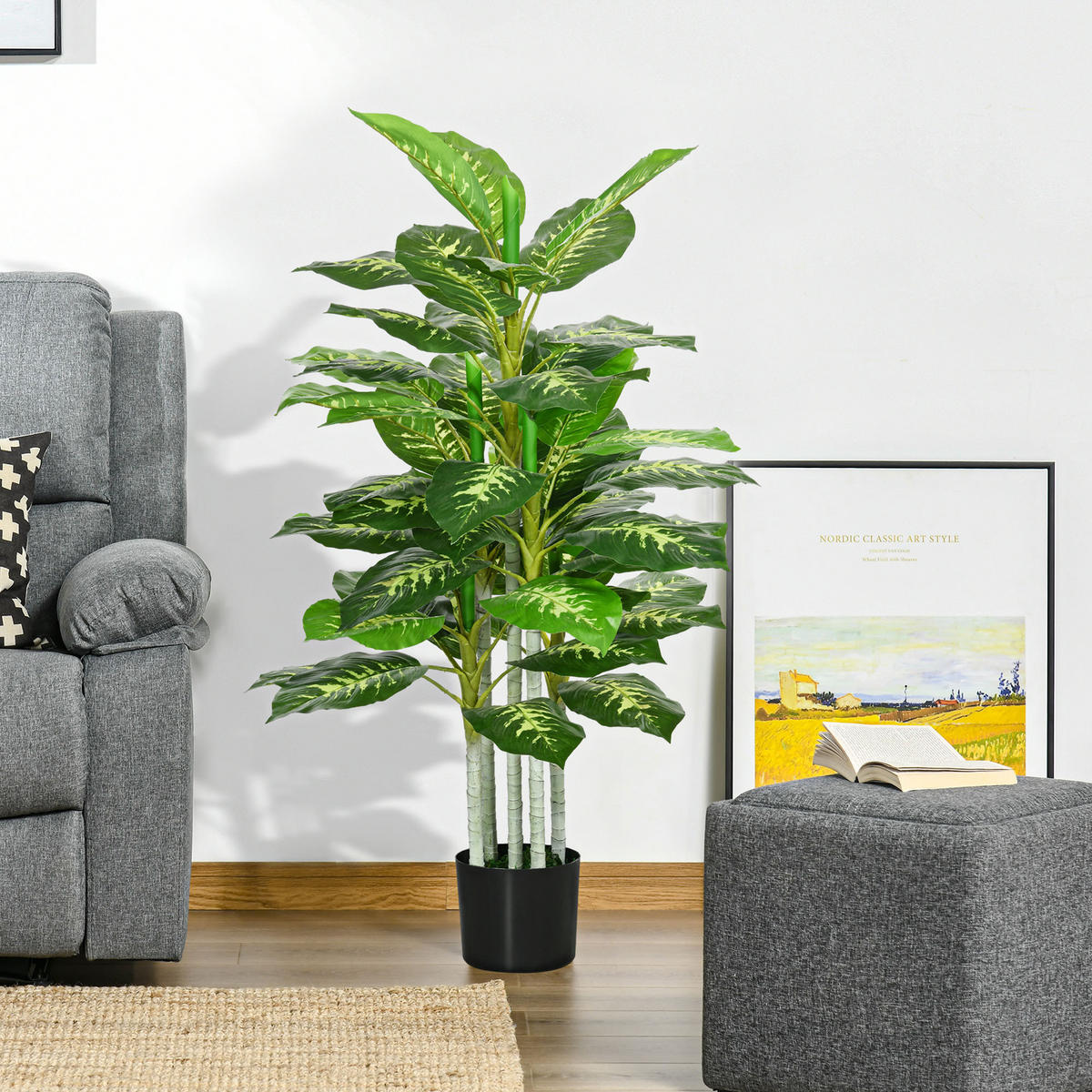 KÜNSTLICHE Dieffenbachie groß 120 cm Kunstpflanze wie echt mit Kunstgras Deko - Grün, Kunststoff (120cm) - HOMCOM