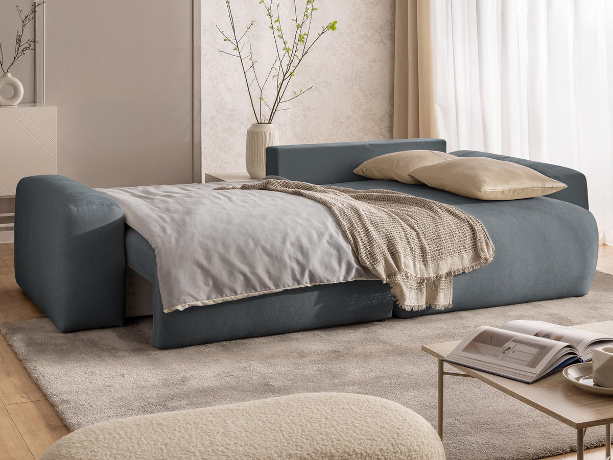 ECKSOFA Puffy mit Schlaffunktion und Bettkasten - besonders weich und puffig aus Dunkelgrau Webstoff - Ottomane rechts - Dunkelgrau/Schwarz, Holz/Kunststoff (266/138cm) - S-Style Möbel