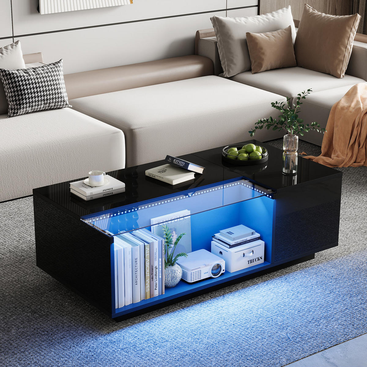 COUCHTISCH 100X50X35 cm LED Glas mit Stauraum und Schubladen - Schwarz, Holz (111.13/62.23/35cm) - FLIEKS