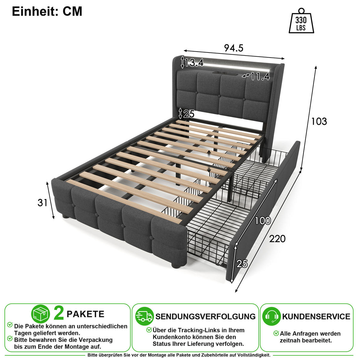 POLSTERBETT 90/200 cm in Grau mit 2 Schubladen, LED und USB - Grau, Holzwerkstoff/Textil (90/200cm) - CHICFURN