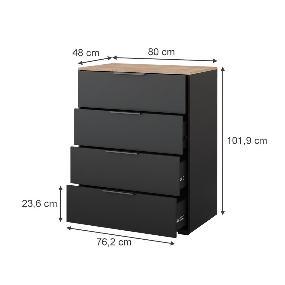 KOMMODE Betti Anthrazit 120 x 83.6 cm mit 4 Schubladen - Anthrazit/Sonoma Eiche, Holzwerkstoff (30/83.6/120cm) - Vicco