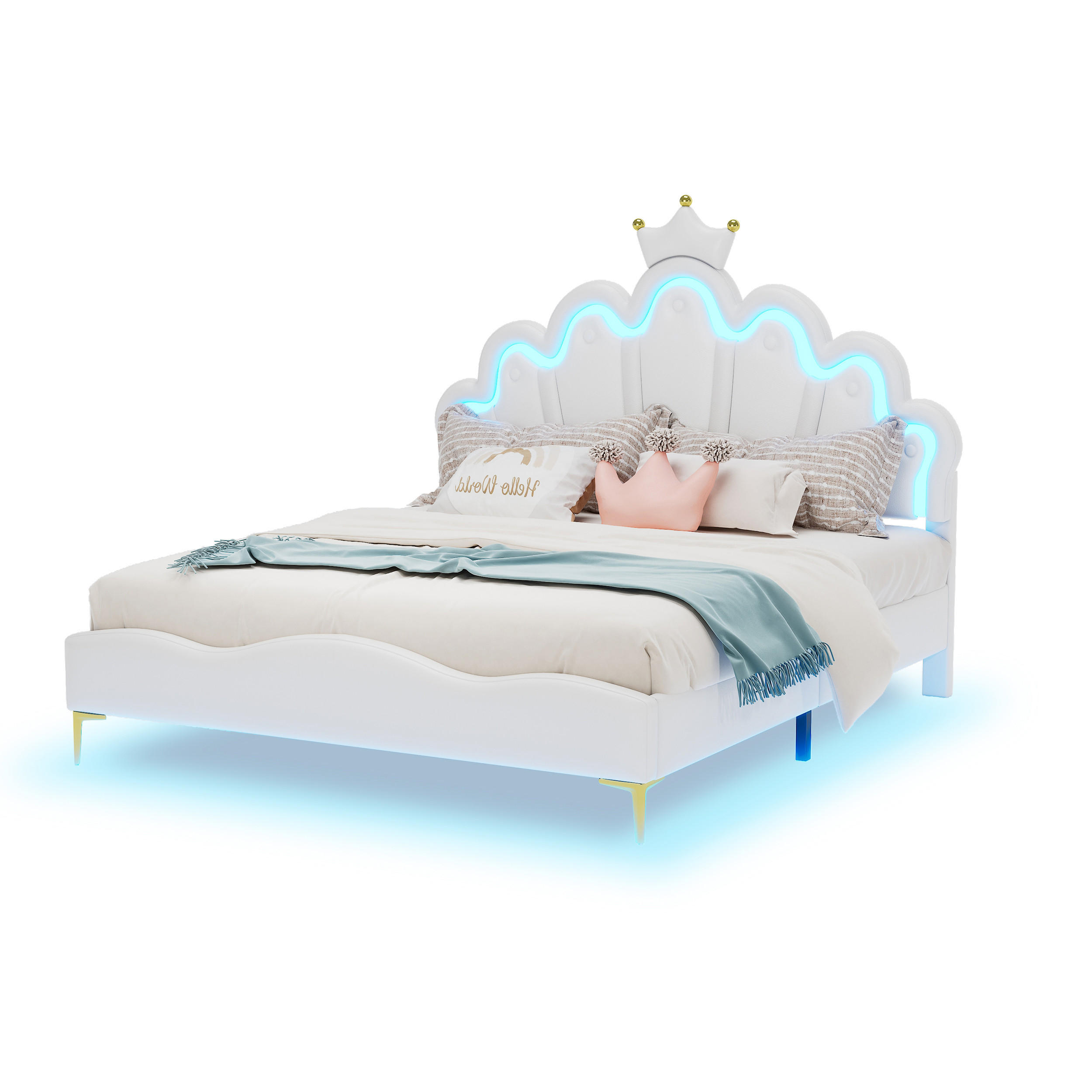 KINDERBETT 140/200 cm Weiß mit verstellbarem LED-Licht kronenförmiges Prinzessinnenbett - Weiß, Kunststoff (140/200cm) - OKWISH