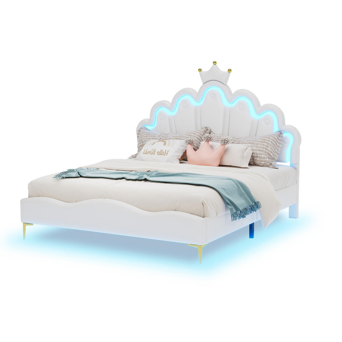 KINDERBETT 140/200 cm Weiß mit verstellbarem LED-Licht kronenförmiges Prinzessinnenbett - Weiß, Kunststoff (140/200cm) - OKWISH