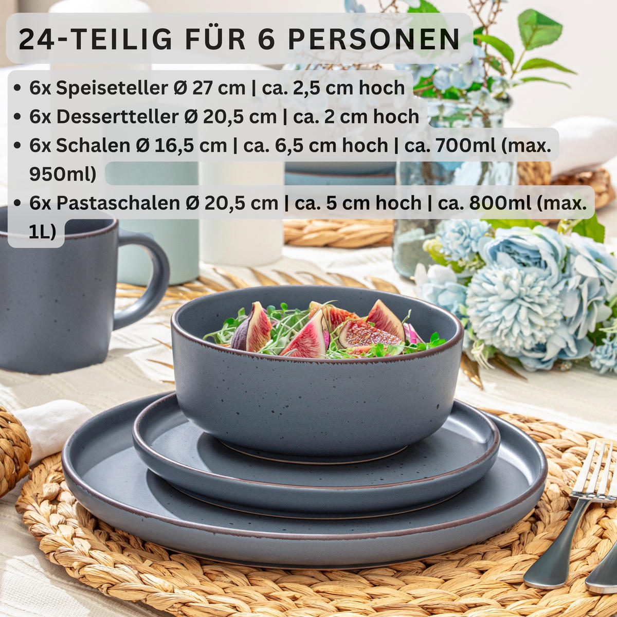 GESCHIRRSET BOMBAY GRAPHIT - 24 teilig aus Steingut - Blau, Stein (27/6.5/27cm) - Sänger