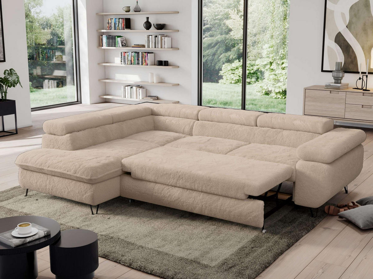 ECKSOFA PEDRO L Beige Plüsch - Links Seite - Beige/Schwarz, Textil/Metall (208/273cm) - MKS