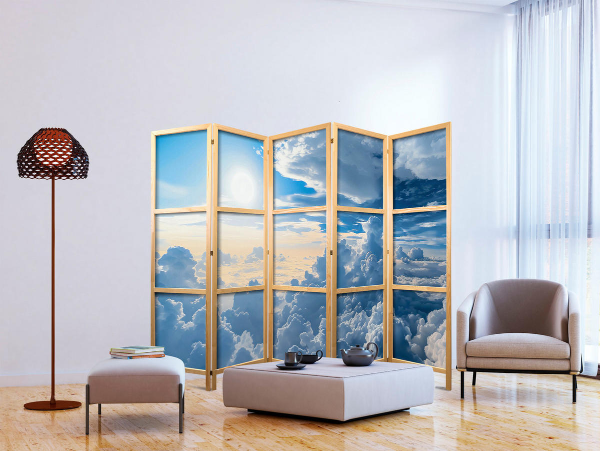 PARAVENT Japanischer 5-tlg 225x172 cm Wolken Und Sonne - Blau, Holz/Textil (225/172/3cm) - Muralo