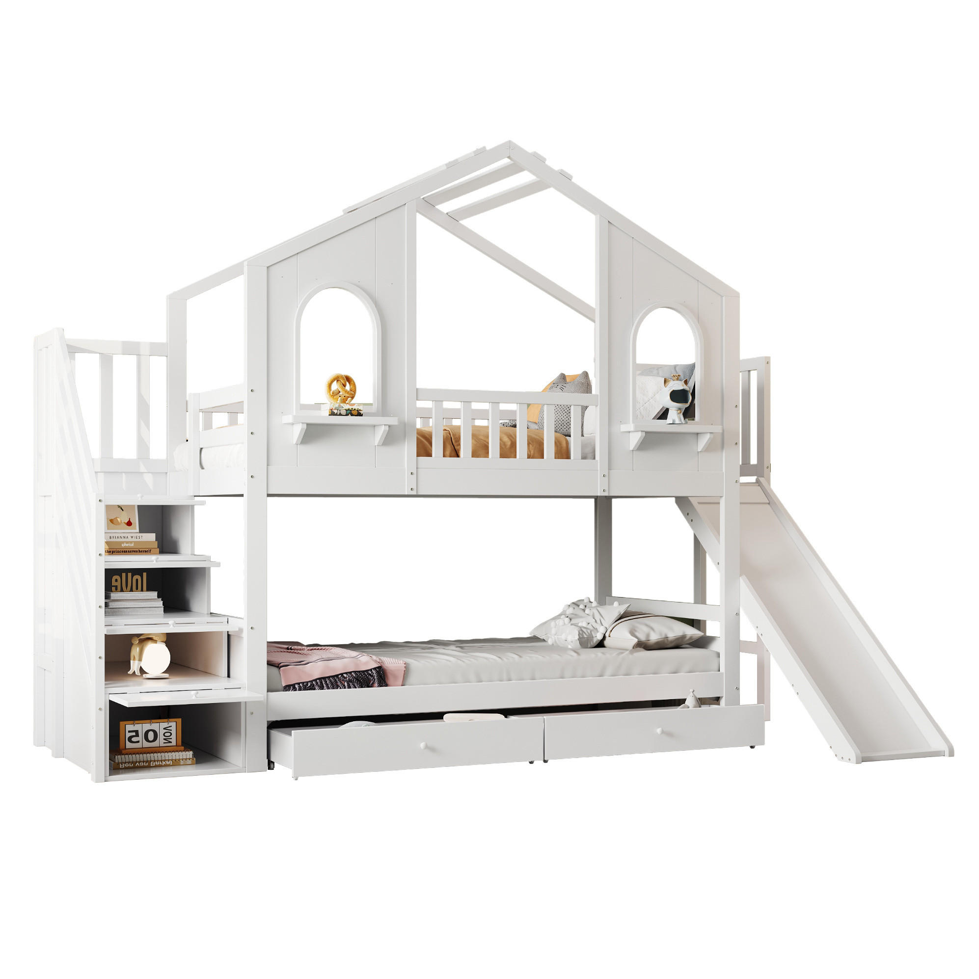 ETAGENBETT Hausförmig 90/200 cm, Weiß mit Rutsche und Stauraum - Weiß, Holz (90/200cm) - MIVRAY