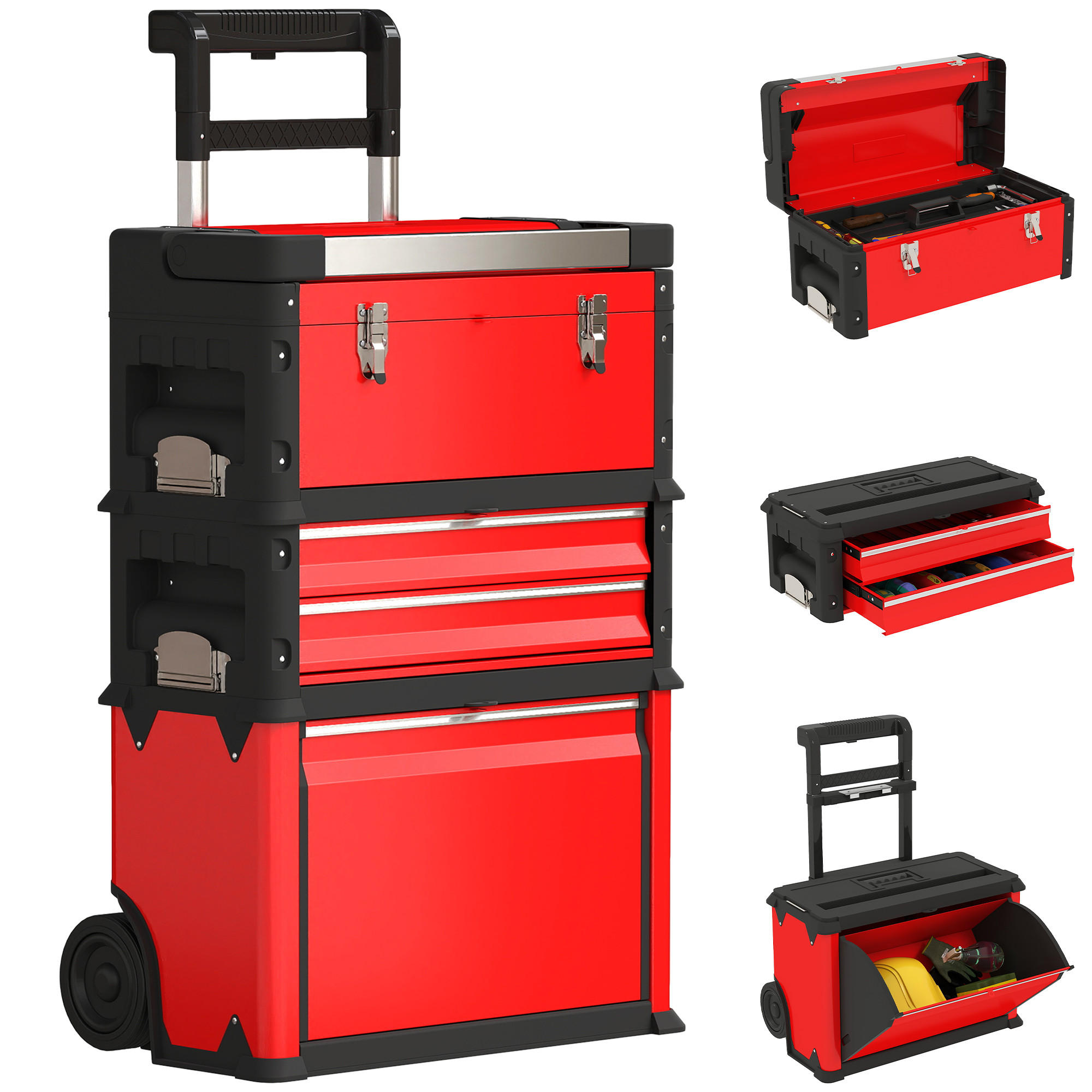 WERKSTATTWAGEN inkl. Koffer Werkzeugwagen leer, Stahl, Rot - Rot, Metall (52/72/32cm) - HOMCOM