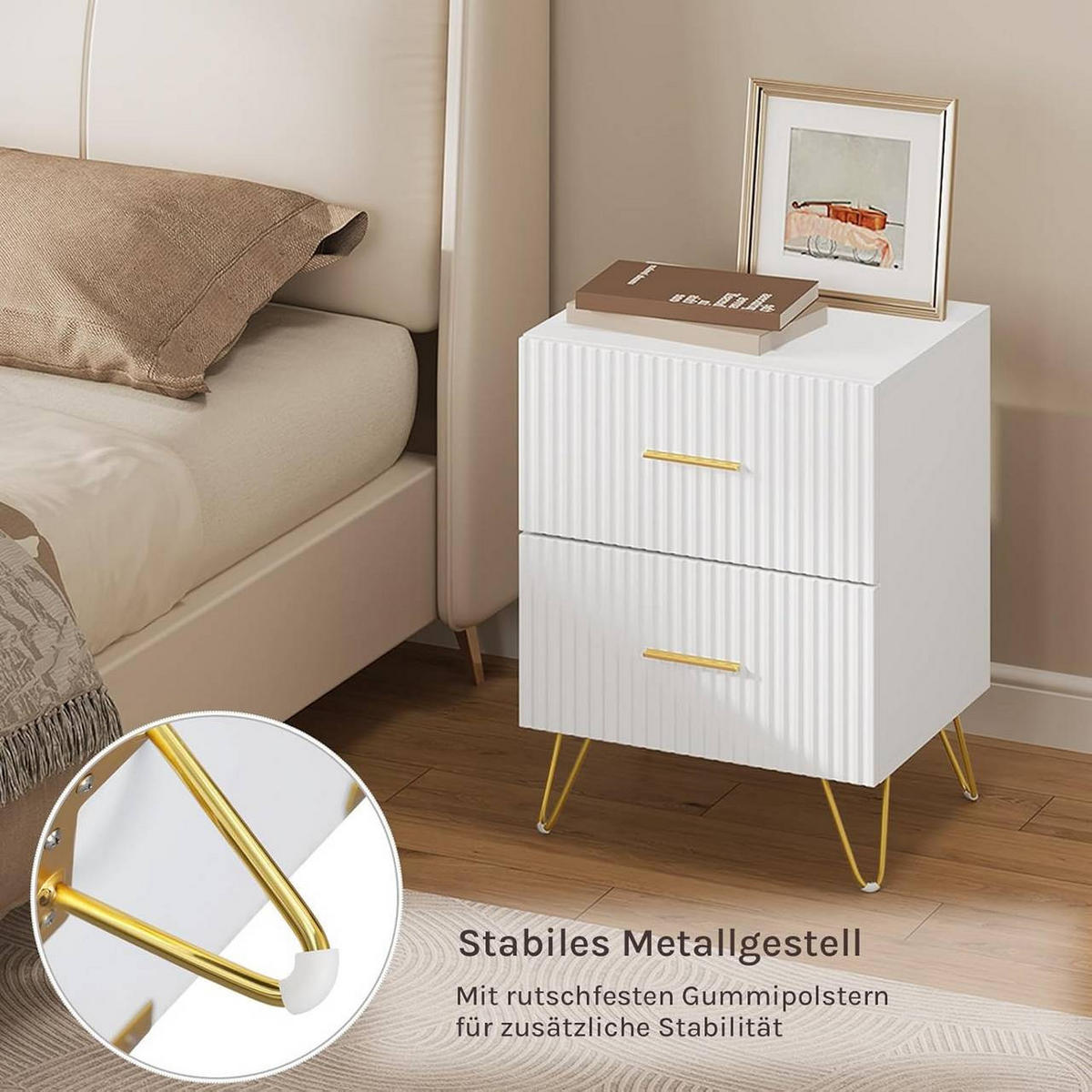 NACHTTISCH 2er Set, mit vertikalen Linien, Weiß+Golden - Goldfarben/Weiß, Holzwerkstoff/Metall (40/53/35cm) - Woltu