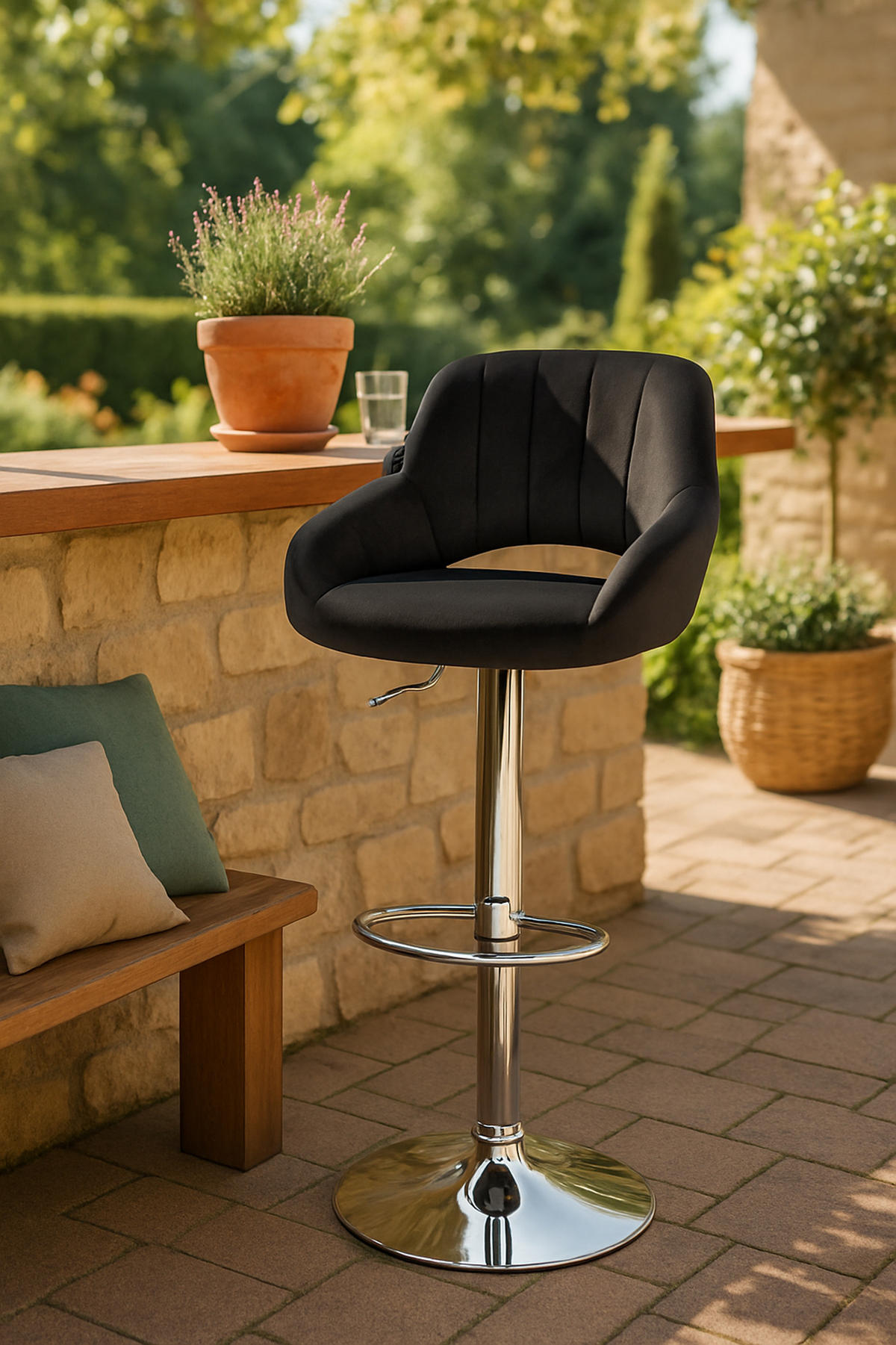 BARHOCKER Milos Samt chrom schwarz - Chromfarben/Schwarz, Textil/Metall (47/106/48cm) - TPFLiving