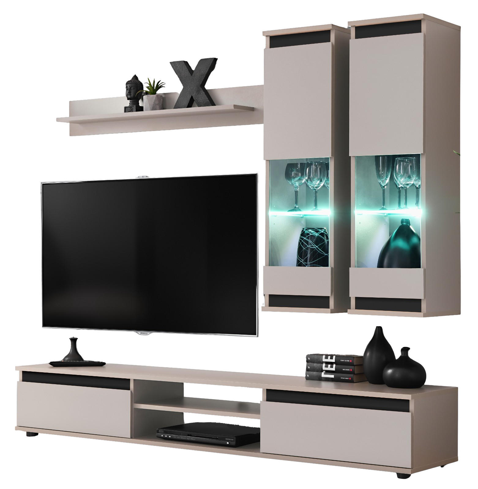 WOHNWAND Kaschmir, schwarz 4-teilig 175 cm, Schrankwand mit LED-Beleuchtung - Kaschmir/Schwarz, Glas/Holzwerkstoff (175/150/37cm) - Inn.Furn