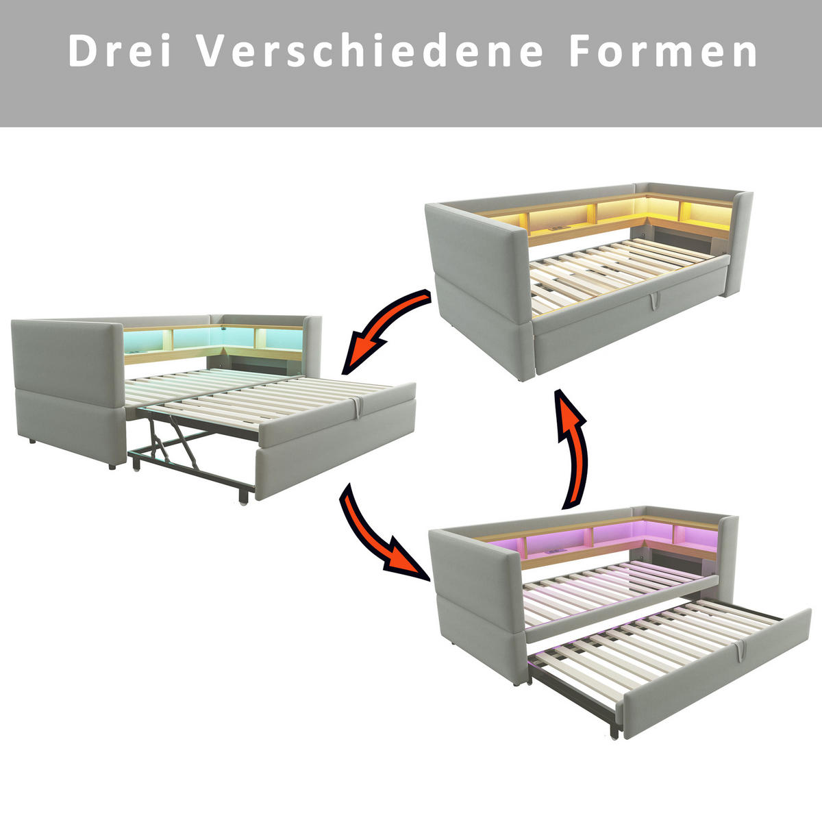 POLSTERBETT 90/180 cm hellgrau aus Flanell mit LED-Beleuchtung und Steckdosen - Hellgrau, Textil (90/190cm) - OKMYHOME