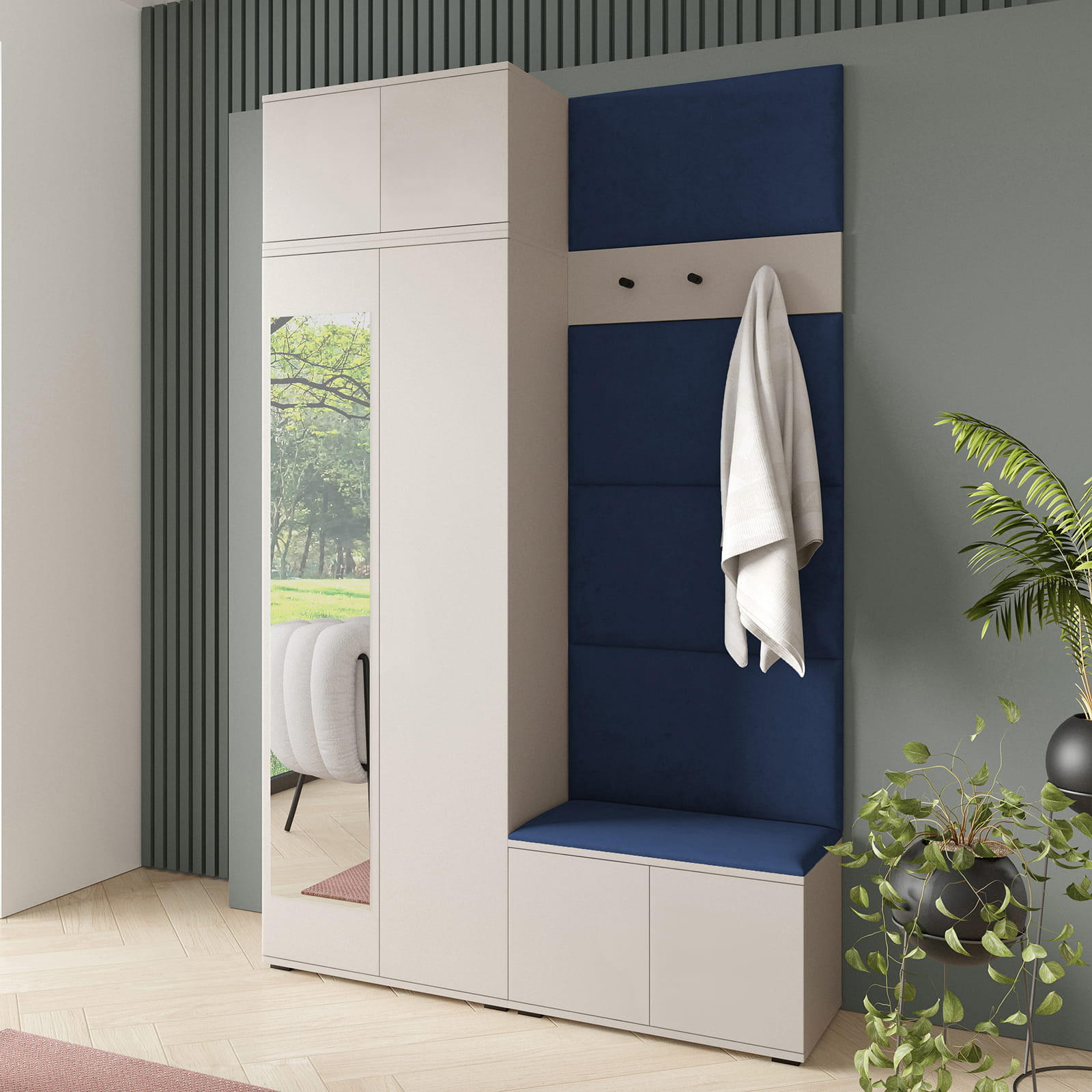 GARDEROBE NAPOLI 4 mit POLSTERPANEELEN DUNKELBLAU - Beige/Dunkelblau, Holzwerkstoff (140/229/40cm) - Jerpax
