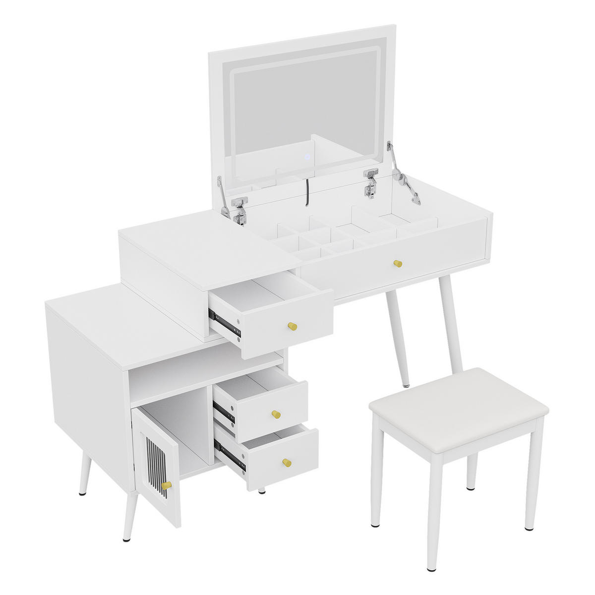 SCHMINKTISCH Set mit Hocker LED Spiegel Metallgriffe Modern - Weiß, Holzwerkstoff (120/77.5/50cm) - FLIEKS