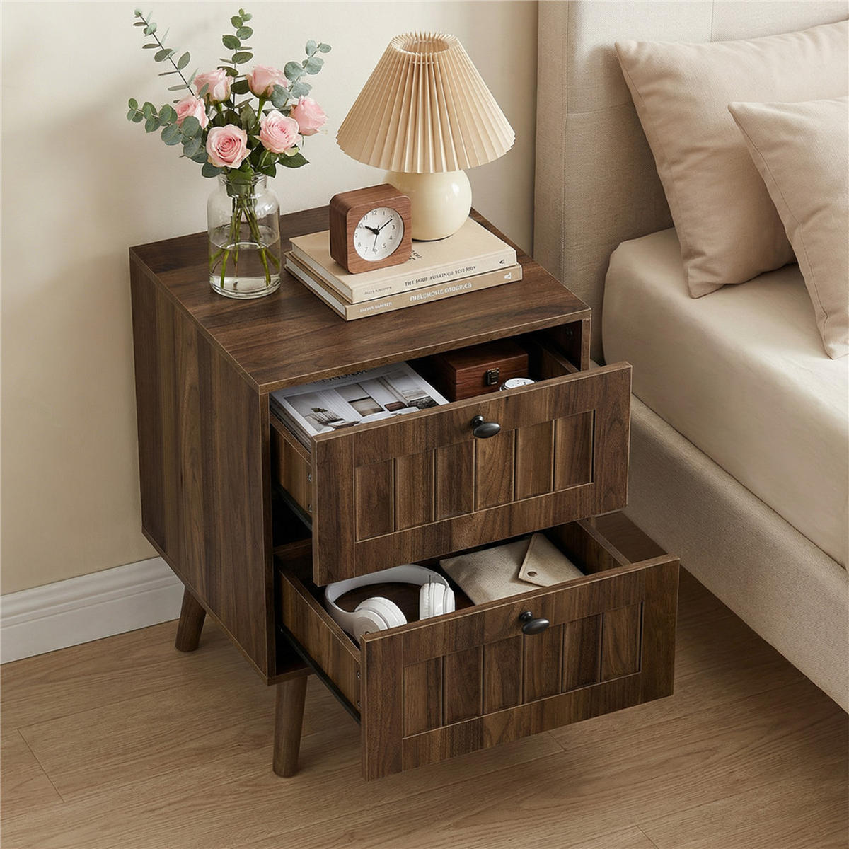 NACHTTISCH Walnuss 43,5/57,5/40 cm mit 2 Schubladen Massivholzbeine - Walnussfarben, Holz (43.5/57.5/40cm) - Kaket