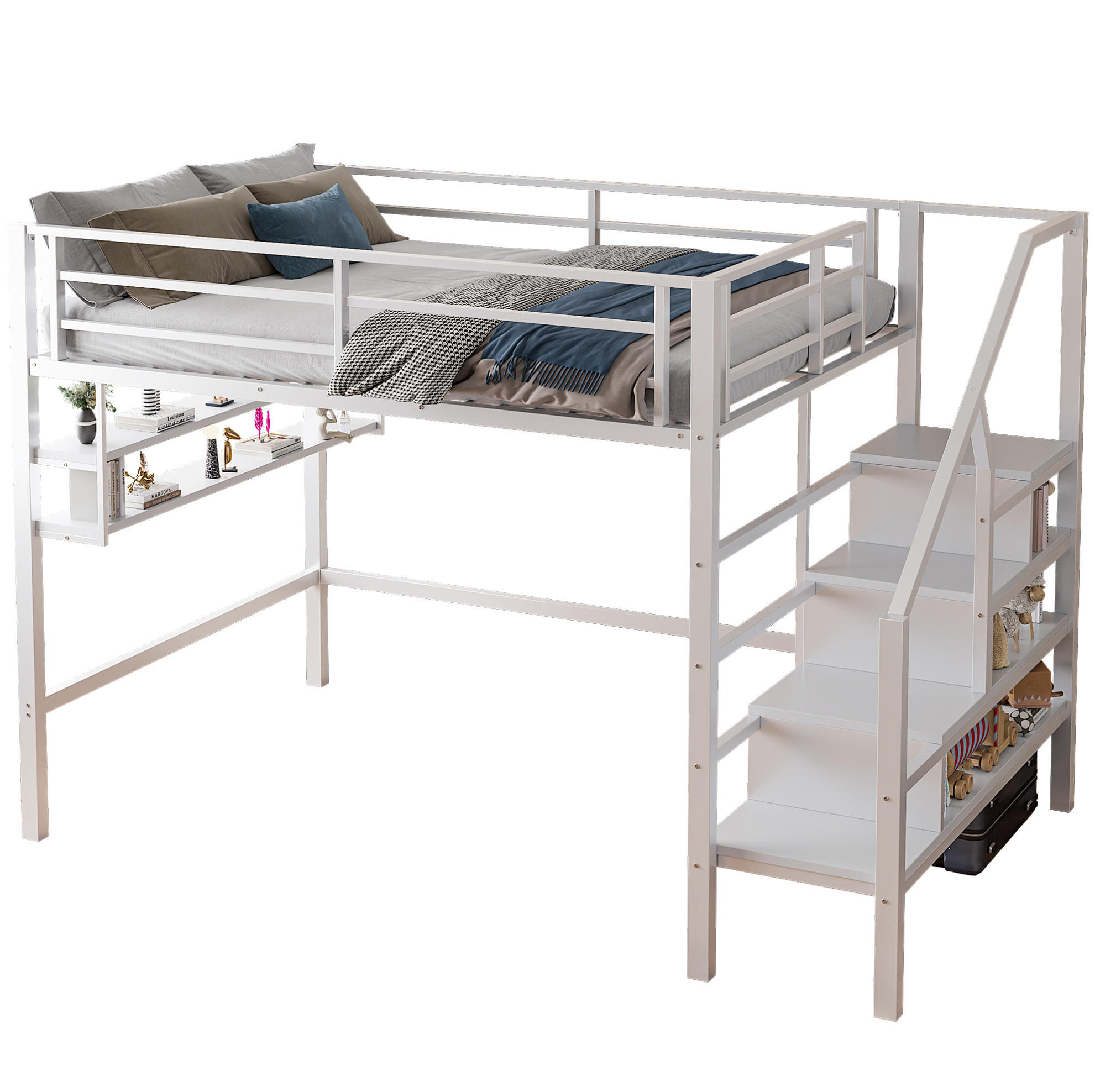 HOCHBETT 140/200 cm in Weiß – mit Stauraumleiter und Regalfächern - Weiß, Metall (140/200cm) - BEAOK