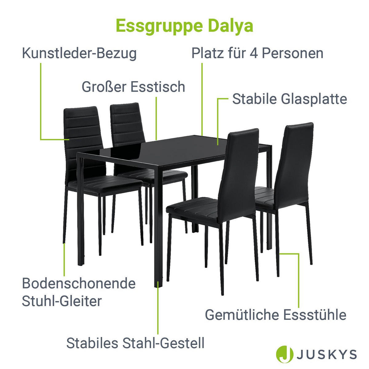 ESSGRUPPE Dalya mit Tisch und 4 Stühlen - Schwarz, Metall (70/75/120cm) - Juskys
