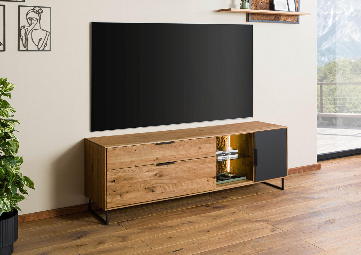 LOWBOARD Wildeiche mit Glastür 180x43x59 natur geölt LINDAU #125 - Schwarz/Naturfarben, Holz (180/59/43cm) - Massivmoebel24
