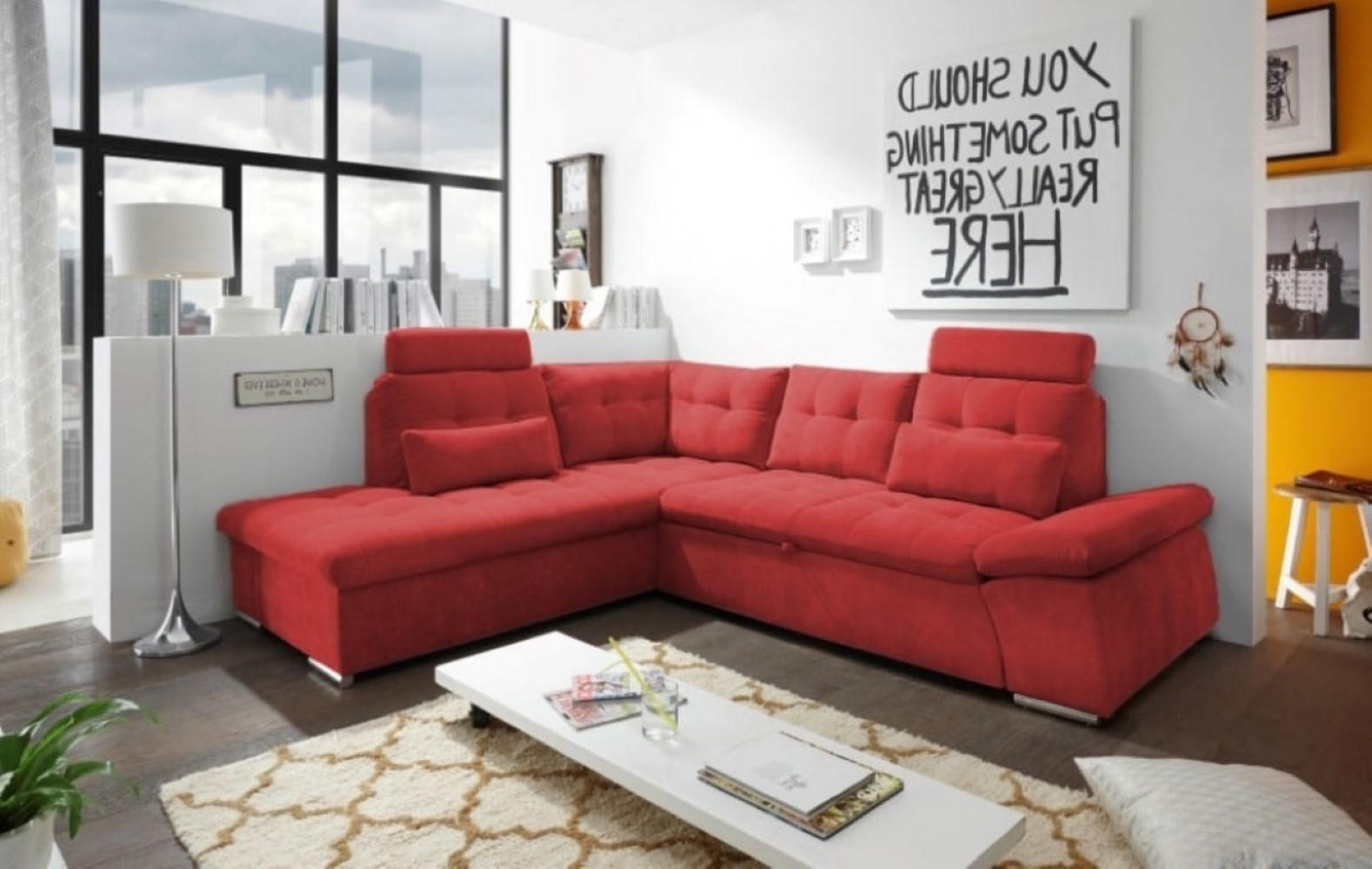 ECKSOFA mit Schlaffunktion, Bettkasten und verstellbarer Armlehne - Chromfarben/Rot, Textil (260/219cm) - ed exciting design