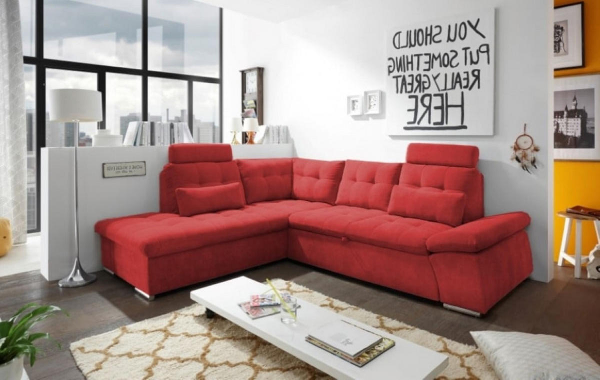 ECKSOFA mit Schlaffunktion, Bettkasten und verstellbarer Armlehne - Chromfarben/Rot, Textil (260/219cm) - ed exciting design
