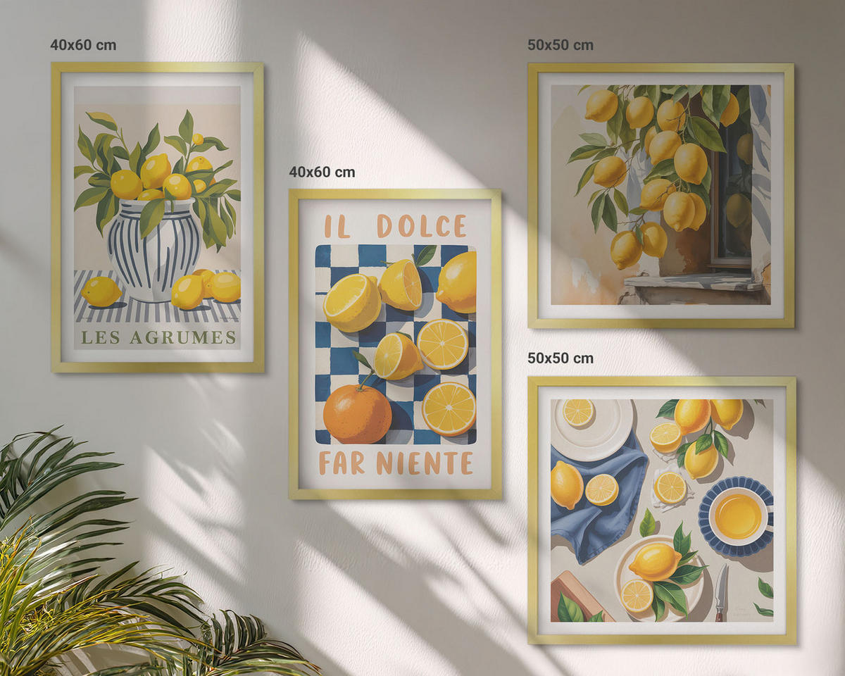 BILDER SET 4er Set - 50x50 cm & 40x60 cm Goldrahmen - Retro gelbe Zitrusfrüchte - Goldfarben, Kunststoff (50/50cm) - TULUP