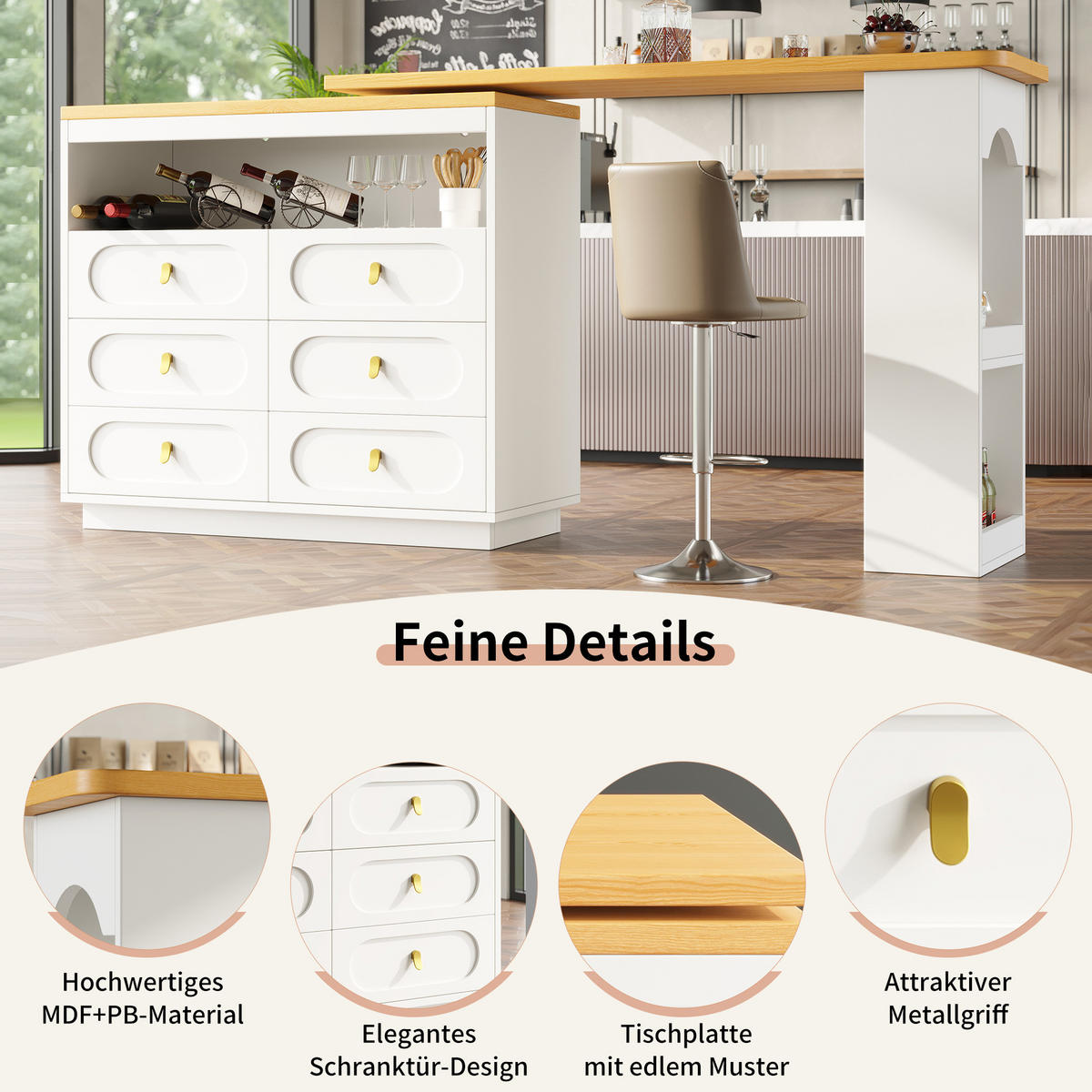 BARTISCH aus MDF, ausziehbar 137-203/39/90 cm mit 360° Drehfunktion & 6 Schubladen, Weiß - Weiß, Holzwerkstoff (39/90/137cm) - Redom