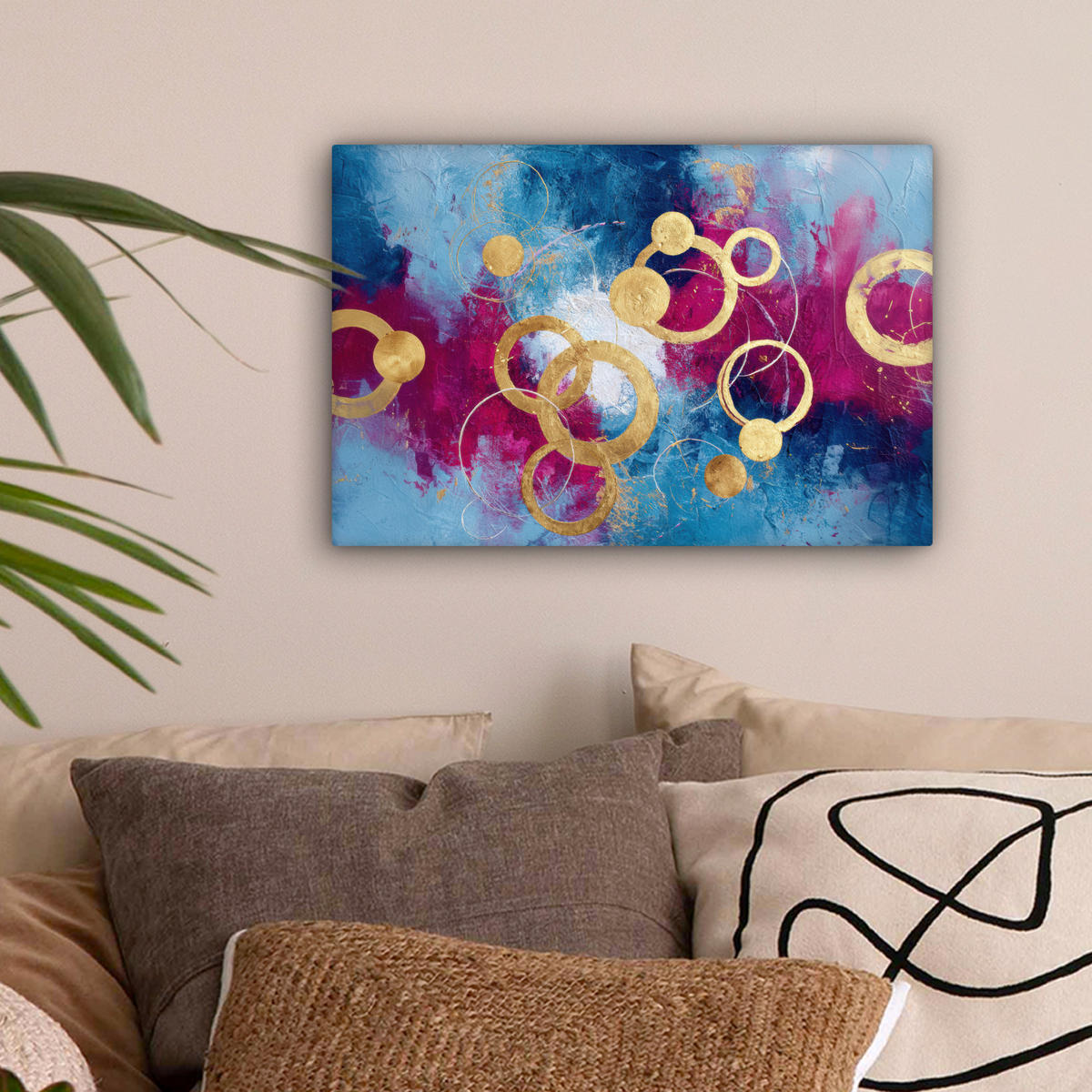 LEINWANDBILD Kreise - Gold - Abstrakt Deko Schlafzimmer 30x20 cm - Blau, Textil (30/20cm) - MuchoWow