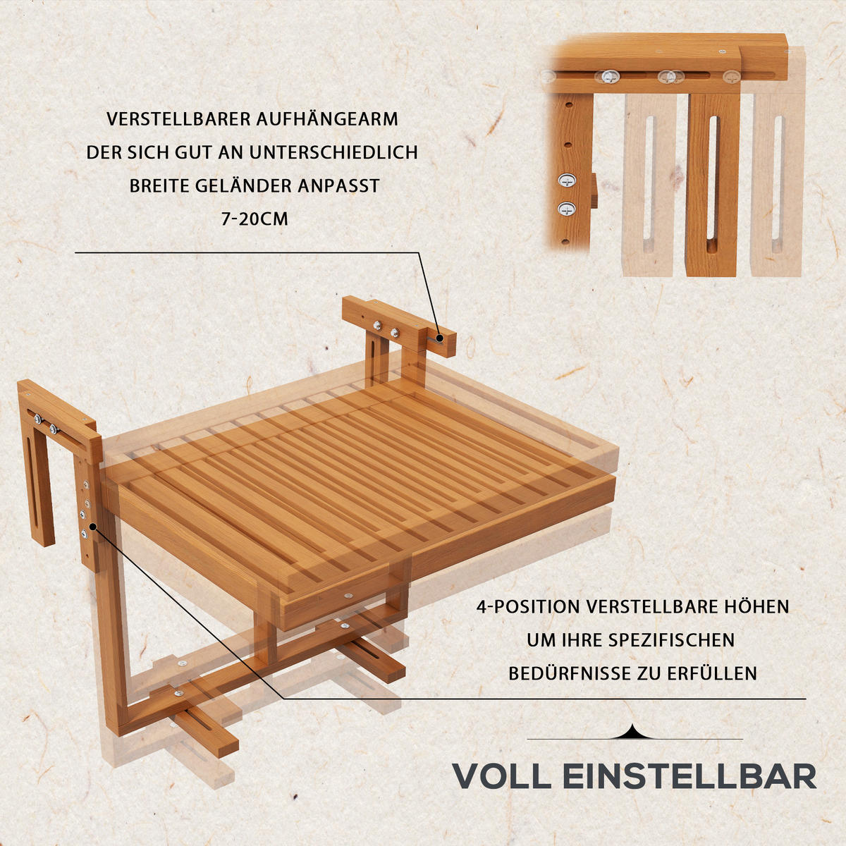 BALKONTISCH DE-07804 klappbar, höhenverstellbar, wetterbeständig Teak - Teakfarben, Holz (68/65/55cm) - ComfortXL