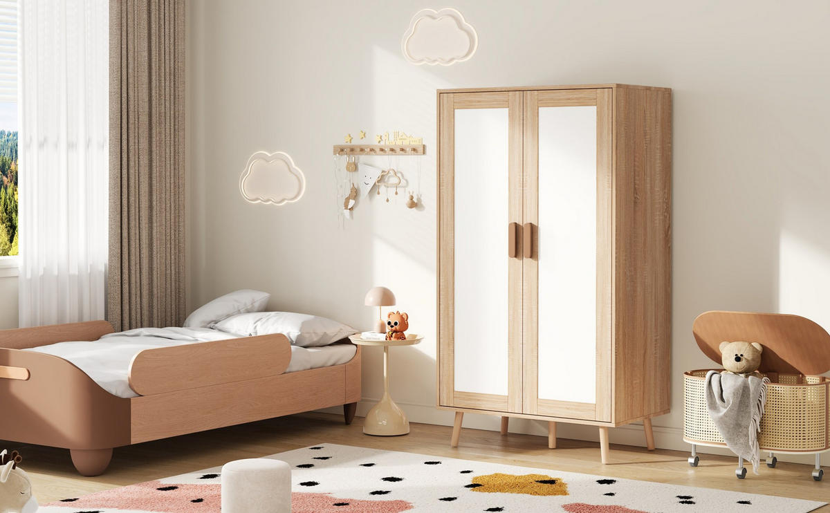 KLEIDERSCHRANK aus MDF 160x46x141,5 cm Natur/Weiß mit Kleiderstange und 2 Schubladen, flexible Aufbewahrung - Naturfarben, Holzwerkstoff (160/141.5/46cm) - Modfu