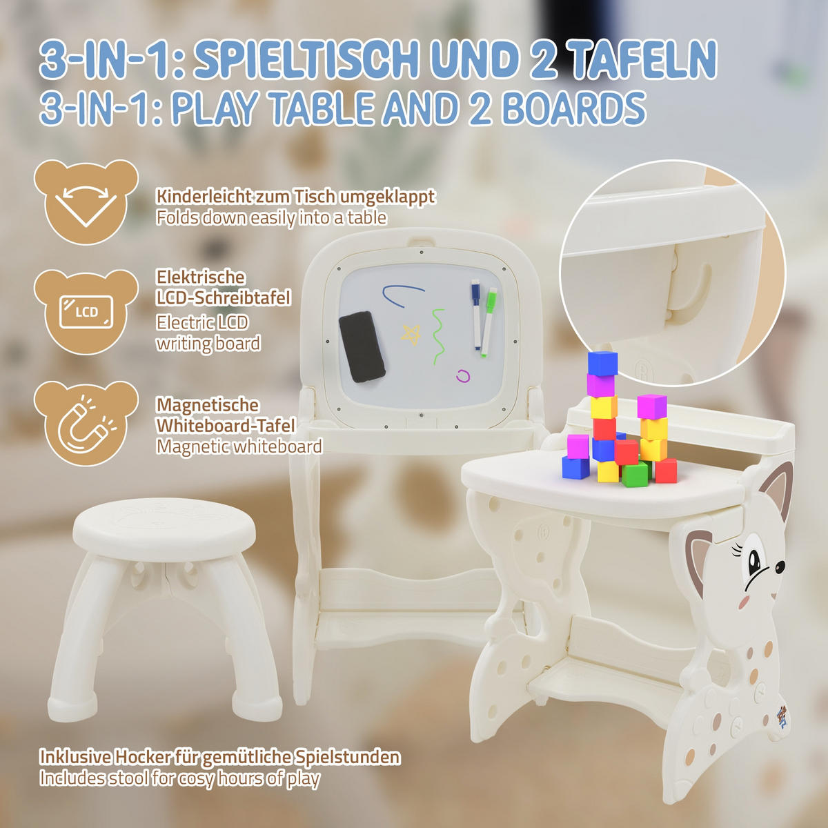 HRACÍ STOLEK bílý s LCD tabulí Dětská stolička a příslušenství - bílá, plast (41/76/45cm) - Joyz