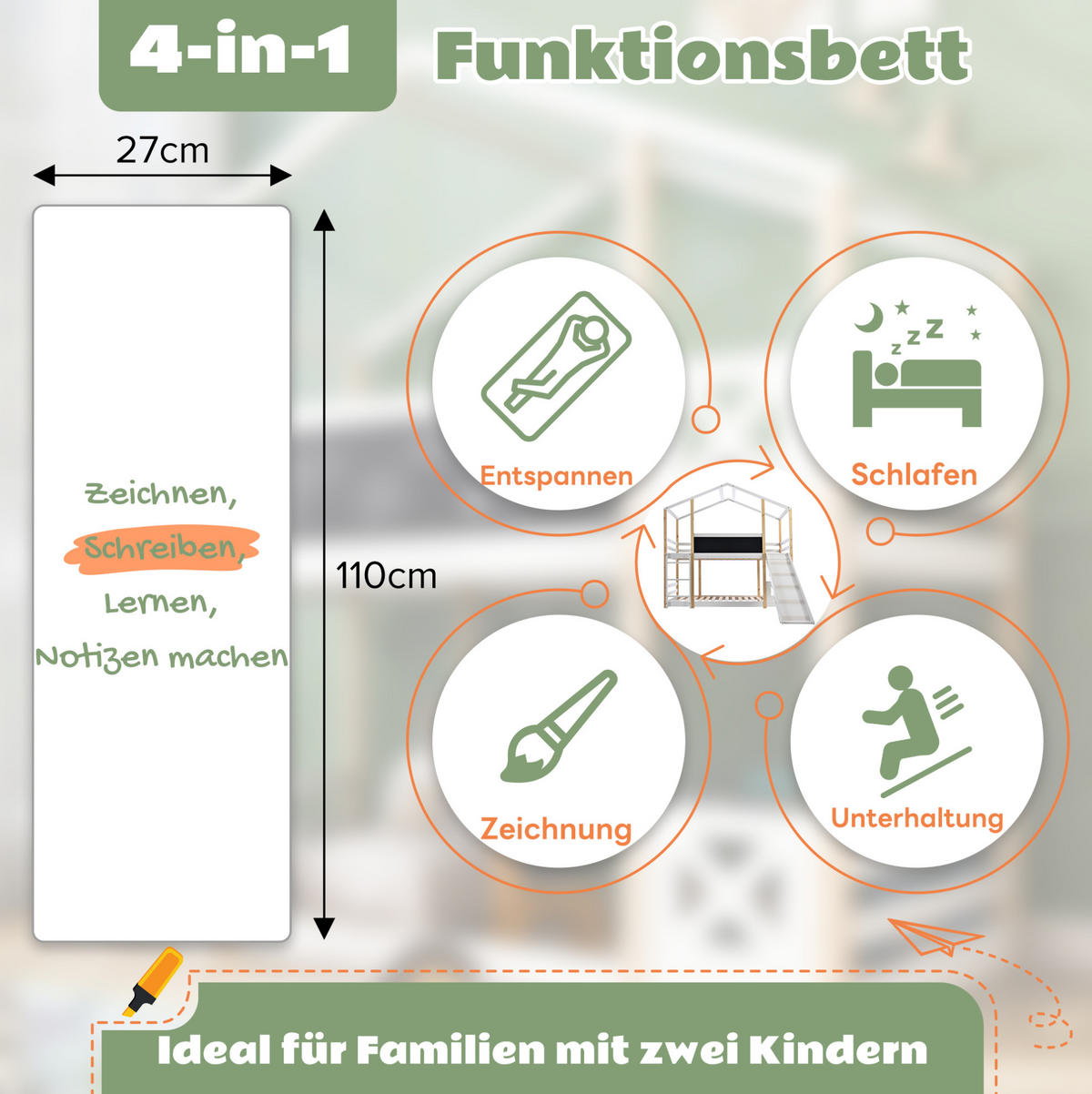 ETAGENBETT aus Kiefer-Massivholz 90x200 cm Weiß mit Rutsche, Leiter und Tafel - Weiß, Holz (90/200cm) - IVMEU