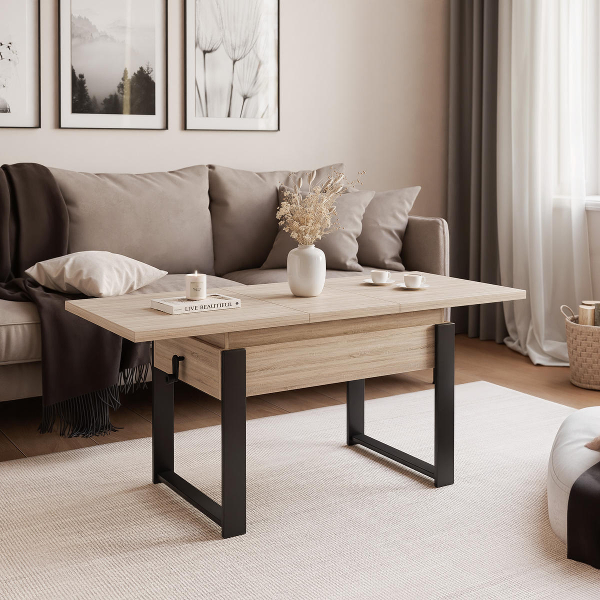 COUCHTISCH TIVOR Multifunktionalität 3-in-1 - Schwarz/Sonoma Eiche, Holzwerkstoff/Metall (67/120/63.5cm) - Idohome