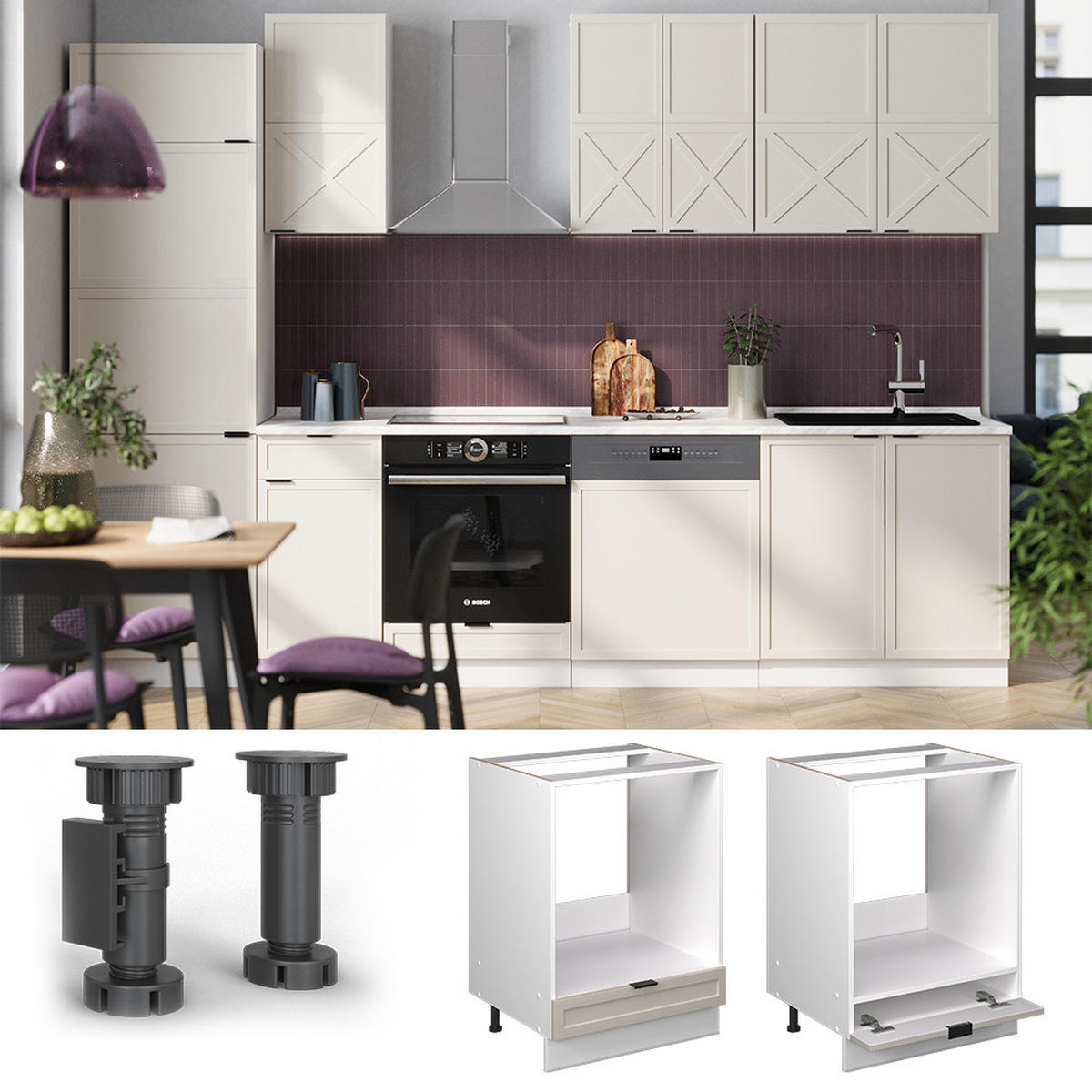 HERDUMBAUSCHRANK Fame-Line GrauBeige 60 cm, AP Marmor - Greige/Weiß, Holzwerkstoff (60/82/60cm) - Vicco