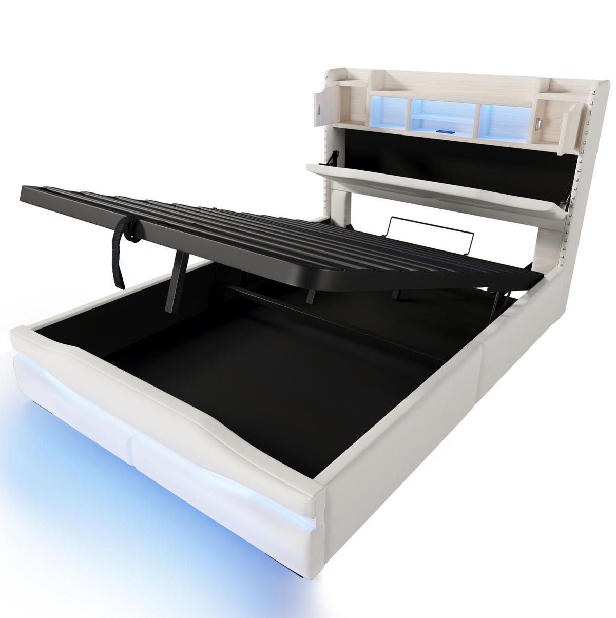 POLSTERBETT 140/200 cm Beige mit USB- und Type-C-Anschlüssen und LED-Beleuchtung - Beige, Textil (140/200cm) - OKWISH