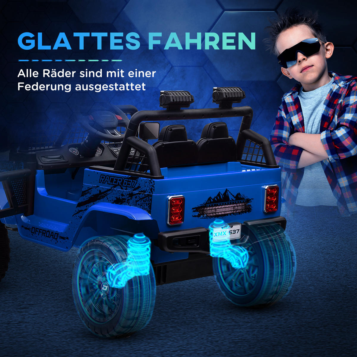 KINDER-ELEKTROAUTO DE-06201 mit sanfter Federung und Fernbedienung Blau - Blau, Kunststoff/Metall (109/67/68.5cm) - ComfortXL