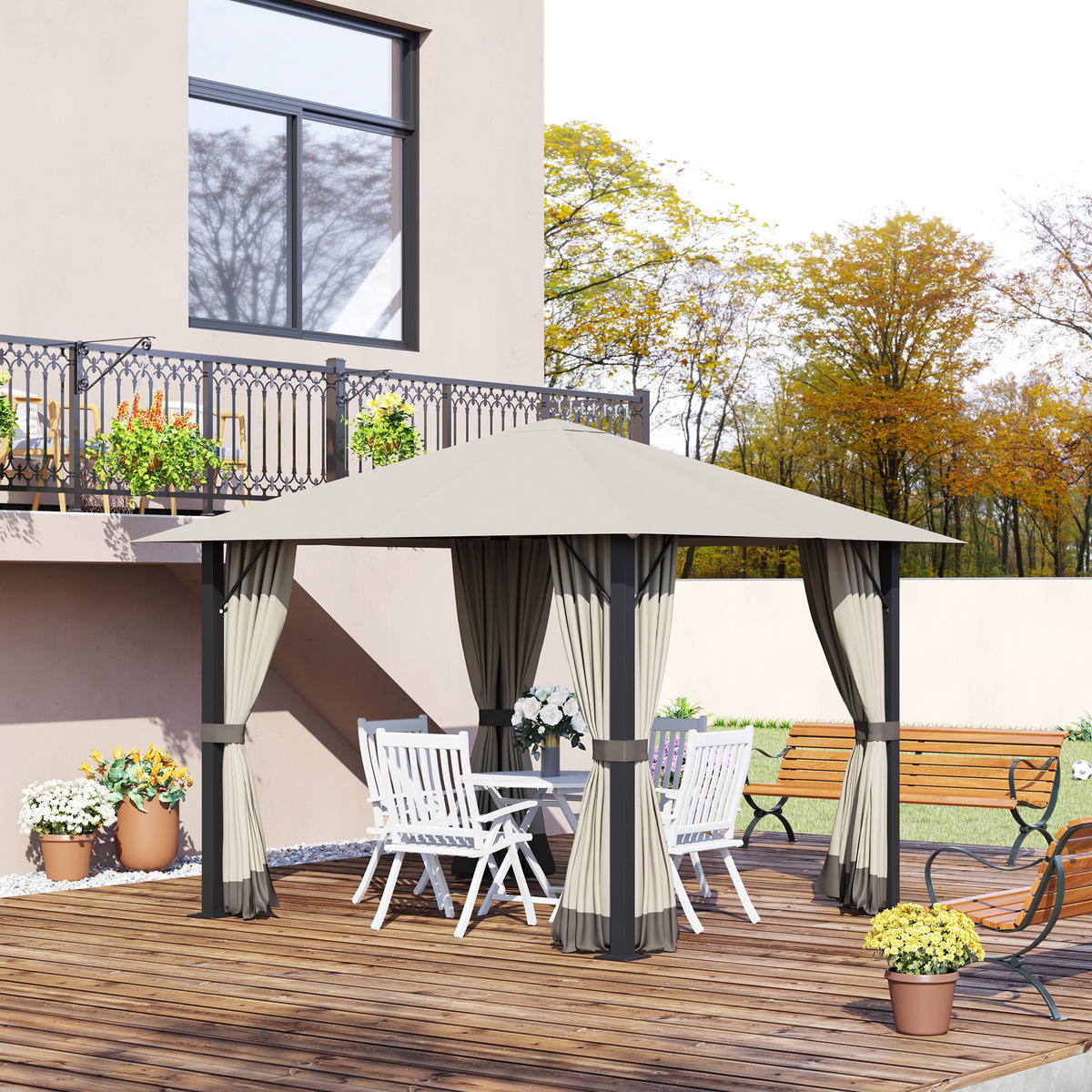 GARTENPAVILLON Pavillon 3 x 3 m mit Seitenteile Belüftungslöcher Alu khaki - Braun, Metall (2.97/2.6/2.97cm) - Outsunny