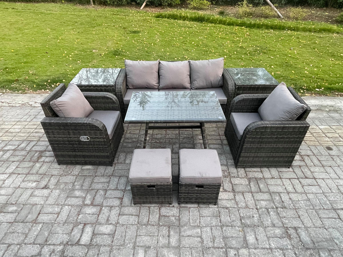 GARTENMÖBEL SET mit COUCHTISCH Polyrattan Dunkelgrau 7-Sitzer - Dunkelgrau/Grau, Glas/Kunststoff - Fimous