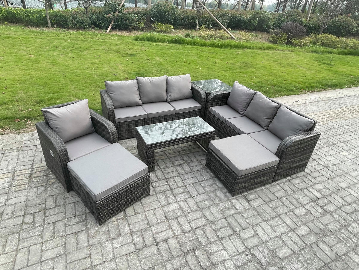 GARTENSOFA SET mit rechteckigem COUCHTISCH Polyrattan 9-Sitzer Dunkelgrau - Dunkelgrau/Grau, Glas/Kunststoff - Fimous