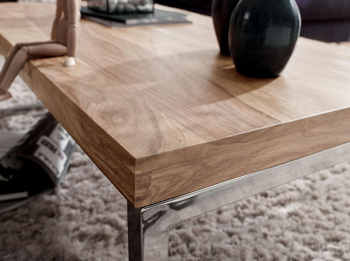 COUCHTISCH GUNA im Landhaus-Stil aus massivem Holz mit Designmerkmalen, Akazie 60x120x40 cm - Silberfarben/Akaziefarben, Holz/Metall (120/60/40cm) - KADIMA DESIGN