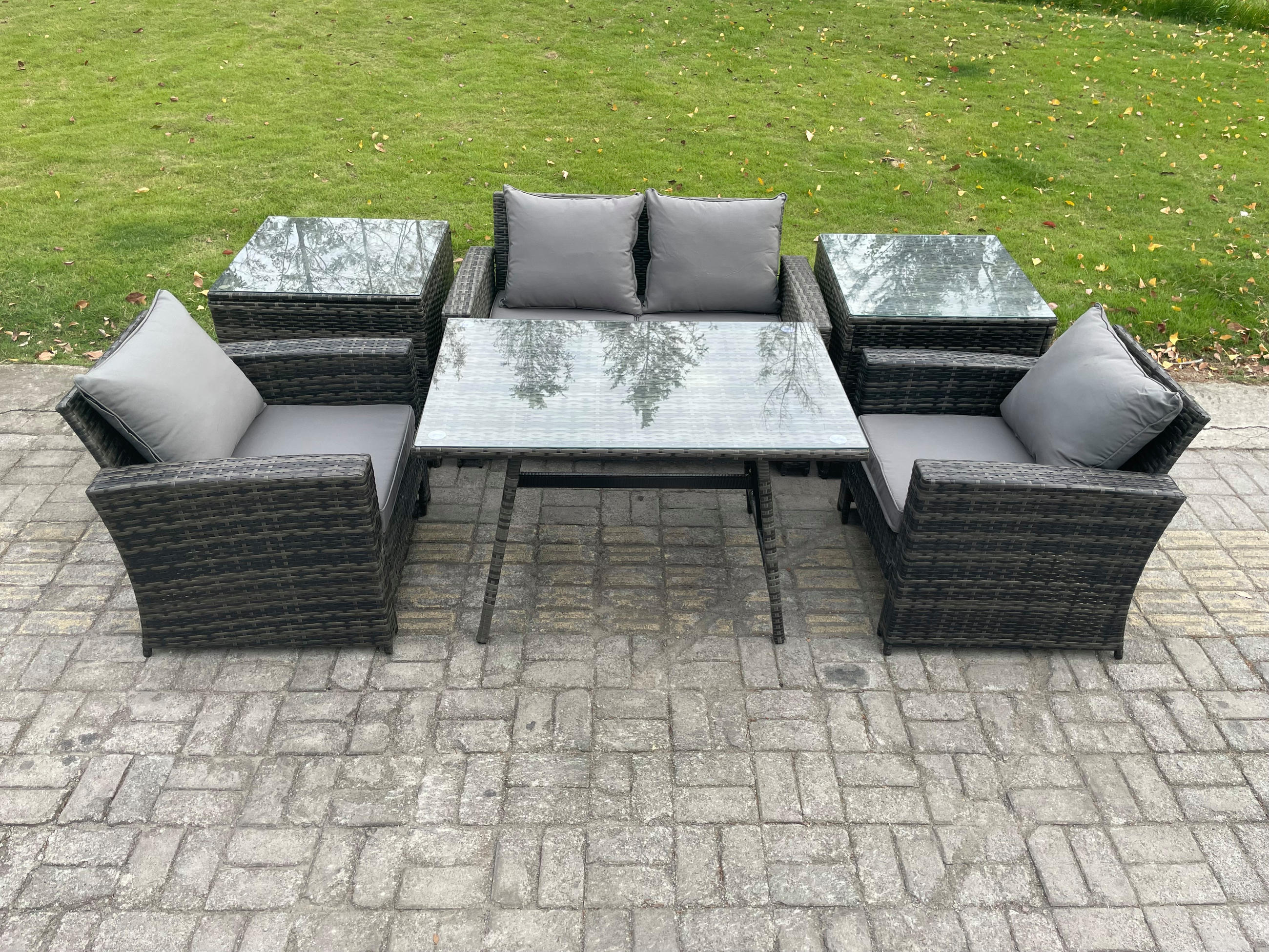 GARTENMÖBELSET mit ESSTISCH,HOCHLEHNER-SOFA Polyrattan Dunkelgrauer Mix 4-Sitzer - Dunkelgrau/Grau, Glas/Kunststoff - Fimous