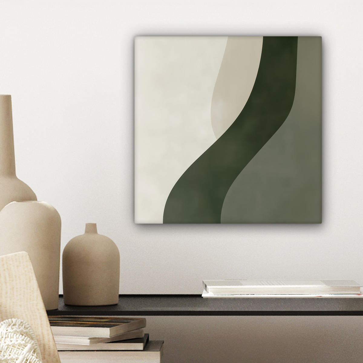 LEINWANDBILD Japandi - Grün - Abstrakt - Modern Deko Wohnzimmer 20x20 cm - Olivgrün, Textil (20/20cm) - MuchoWow