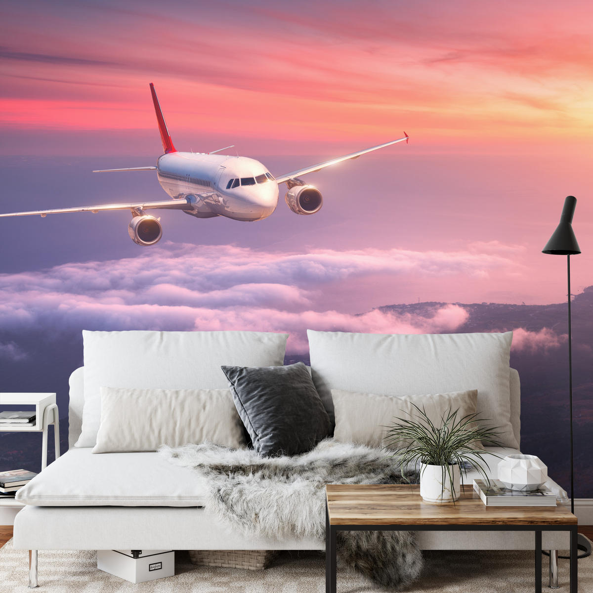 FOTOTAPETE für Wohnzimmer Flugzeug Sonnenuntergang Wolken Himmel 450x315 - Gelb/Rot, Papier (450/315cm) - Muralo