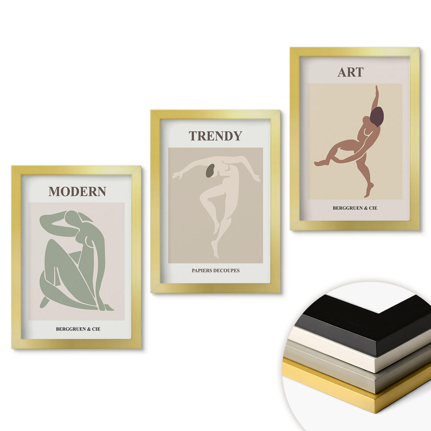 WANDBILDER 3er Set - 20x30 cm Goldrahmen - Stilvolle Charaktere im Minimalismus - Goldfarben, Kunststoff (20/30cm) - ArtPrintCave